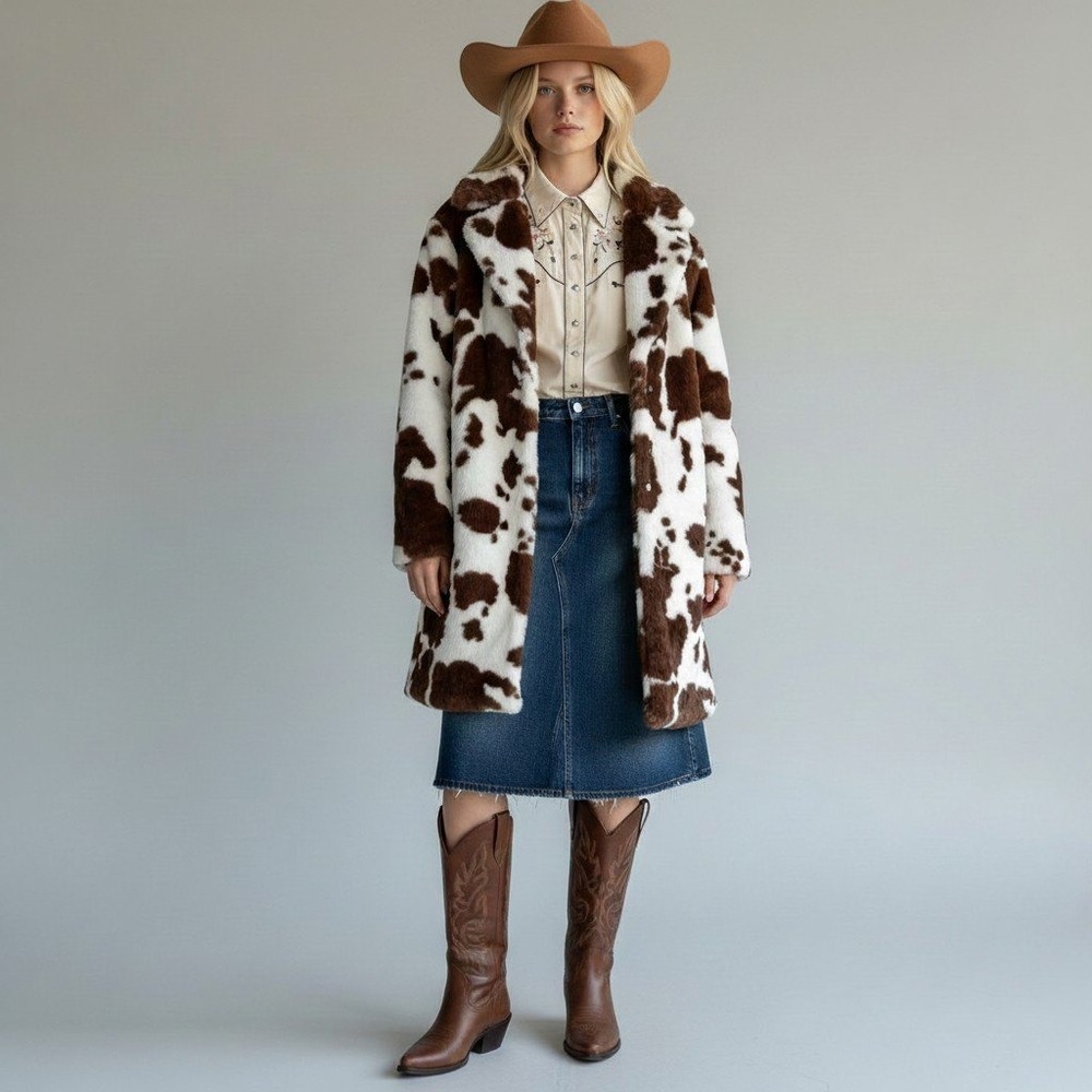 Savanna Jane Cow Print Faux Fur Coat Coat NWT Western Cowgirl Winter Jacket S
